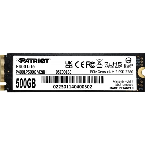 Patriot P400 Lite (P400LP500GM28H), SSD M.2 Type 2280 (M), PCIe 4.0 x4, NVMe 1.4, 280 TB (TBW), Read/Write - 3500/2400 MBps, 500 GB