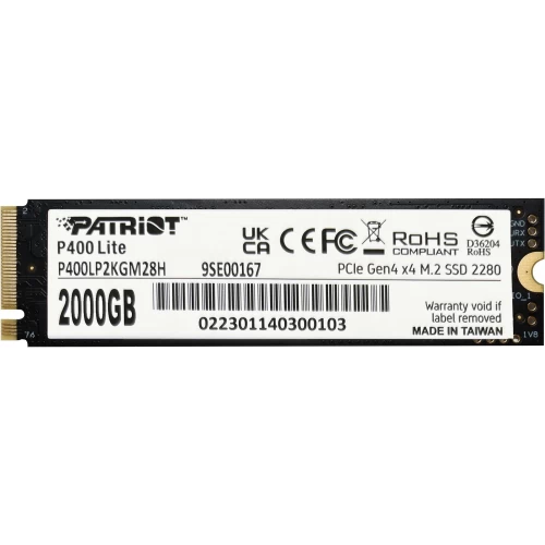 Patriot P400 Lite (P400LP2KGM28H), SSD M.2 Type 2280 (M), PCIe 4.0 x4, NVMe 1.4, 1200 TB (TBW), Read/Write - 3500/2700 MBps, 2 TB