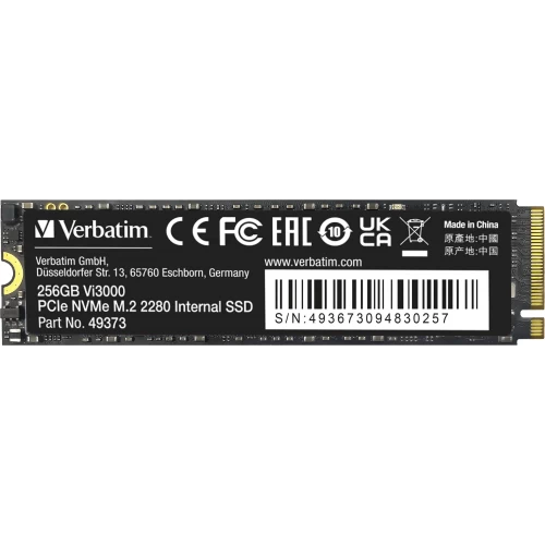 Verbatim Vi3000 (VI3000-256-49373), SSD M.2 Type 2280 (M), PCIe 3.0 x4, NVMe 1.3, 185 TB (TBW), Read/Write - 3300/1300 MBps, 256 GB