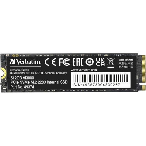 Verbatim Vi3000 (VI3000-512-49374), SSD M.2 Type 2280 (M), PCIe 3.0 x4, NVMe 1.3, 375 TB (TBW), Read/Write - 3300/2500 MBps, 512 GB