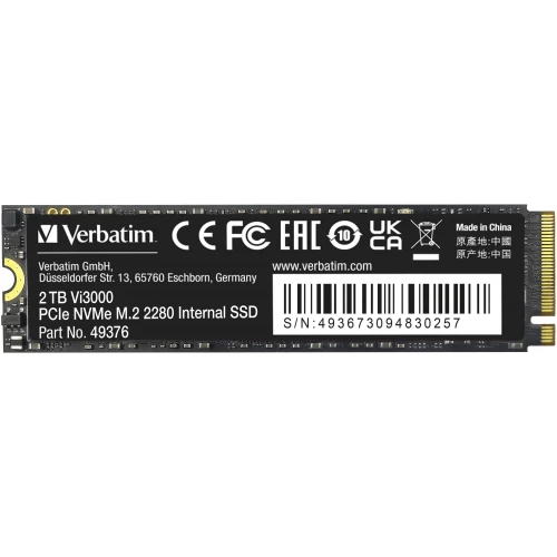 Verbatim Vi3000 (VI3000-2TB-49376), SSD M.2 Type 2280 (M), PCIe 3.0 x4, NVMe 1.3, 1500 TB (TBW), Read/Write - 3300/3000 MBps, 2 TB