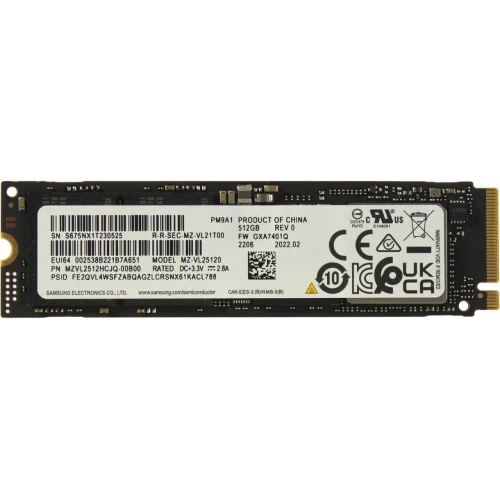 Samsung SSD PM9A1, NVMe M.2 (MZVL2512HCJQ-00B00), SSD M.2 Type 2280 (M), PCIe 4.0 x4, NVMe, 300 TB (TBW), Read/Write - 6900/5000 MBps, 512 GB