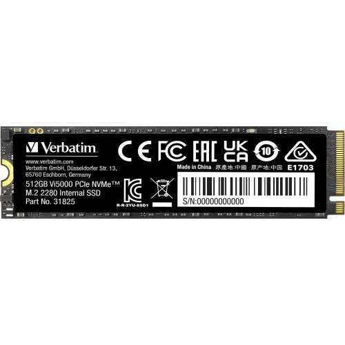 Verbatim Vi5000 (VI5000-512-31825), SSD M.2 Type 2280 (M), PCIe 4.0 x4, NVMe 1.4, 500 TB (TBW), Read/Write - 5000/2500 MBps, 512 GB